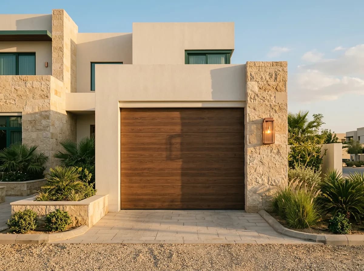 فنيان يثبّتان سكك باب كراج أمريكي سيكشنال بميزان ليزر داخل كراج فيلا بالرياض